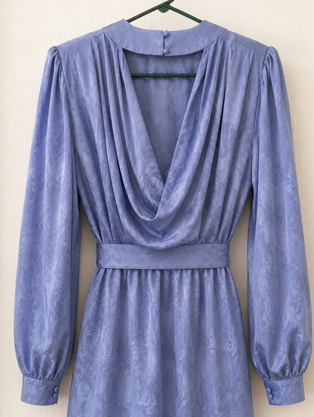 Vintage Periwinkle Blue 90's Silk Belted Dress with Cuffed Sleeves & Side Slit - Picture 6 of 12